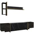 Ensemble tv avec rangements - Effet marbre noir, naturel foncé et doré - cadeba ii