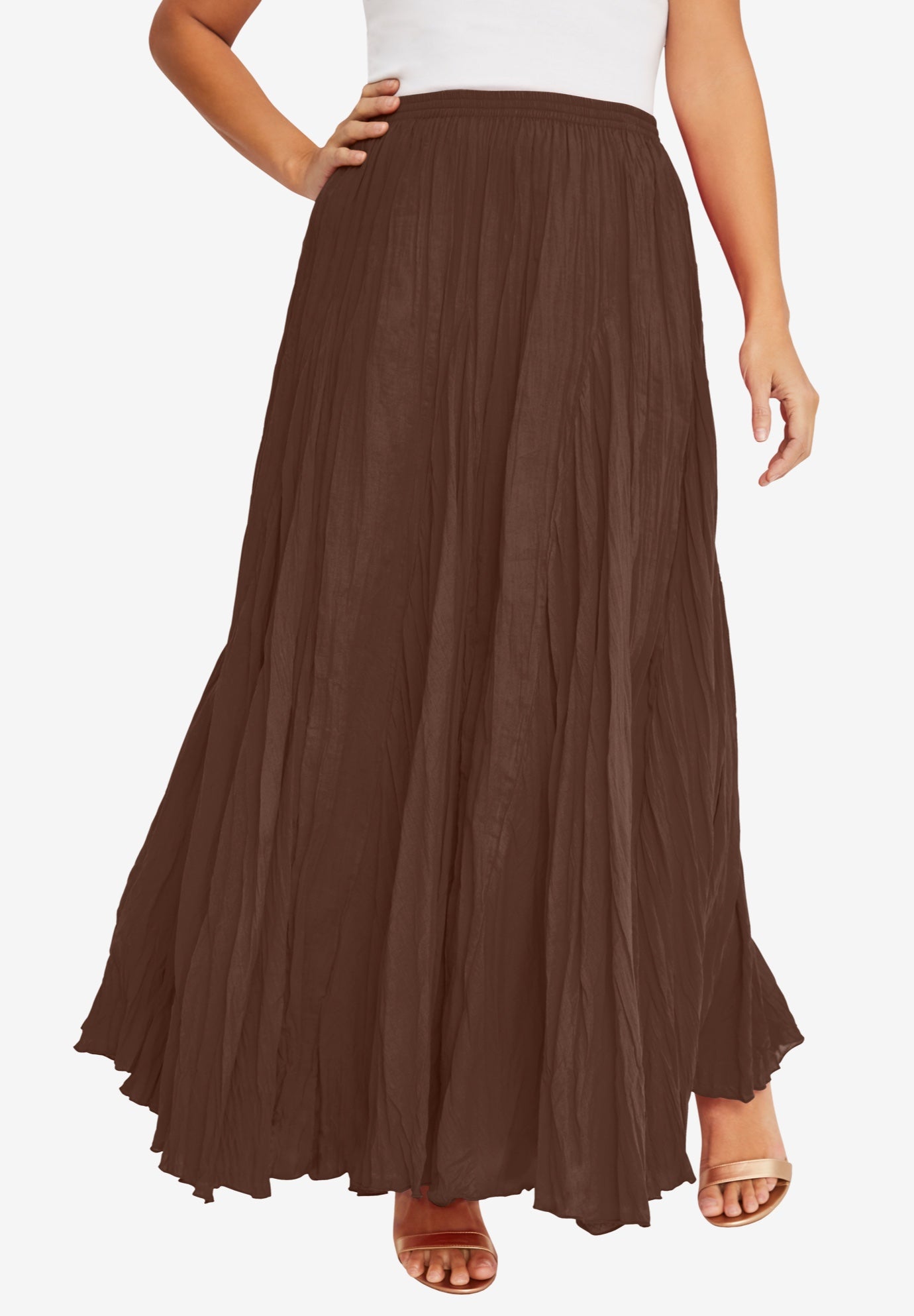 Plus Size Women's Flowing Crinkled Maxi Skirt by Jessica London in Rich Brown (Size 30) Elastic Waist 100% Cotton