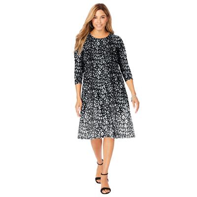 Plus Size Women's Stretch Knit Three-Quarter Sleeve T-shirt Dress by Jessica London in Black White Cheetah (Size 22 W)