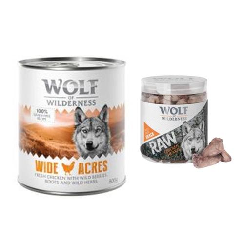 Wolf of Wilderness Kombi-Paket: 24 x 800 g Nassfutter + 4 x 70 g RAW Snacks - Wide Acres - Huhn +...