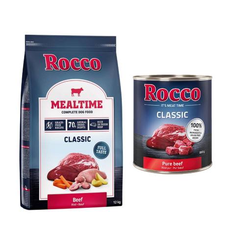 Rocco Kombi-Paket: Mealtime Trockenfutter + Classic Nassfutter - 12 kg Rind + 24 x 800 g Rind pur