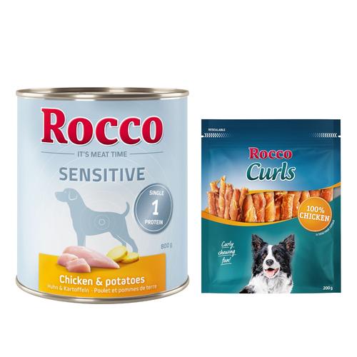 Rocco Kombi-Paket: Sensitive Nassfutter + Curls Snack - 24 x 800 g Huhn mit Kartoffel + 3 x 200 g...