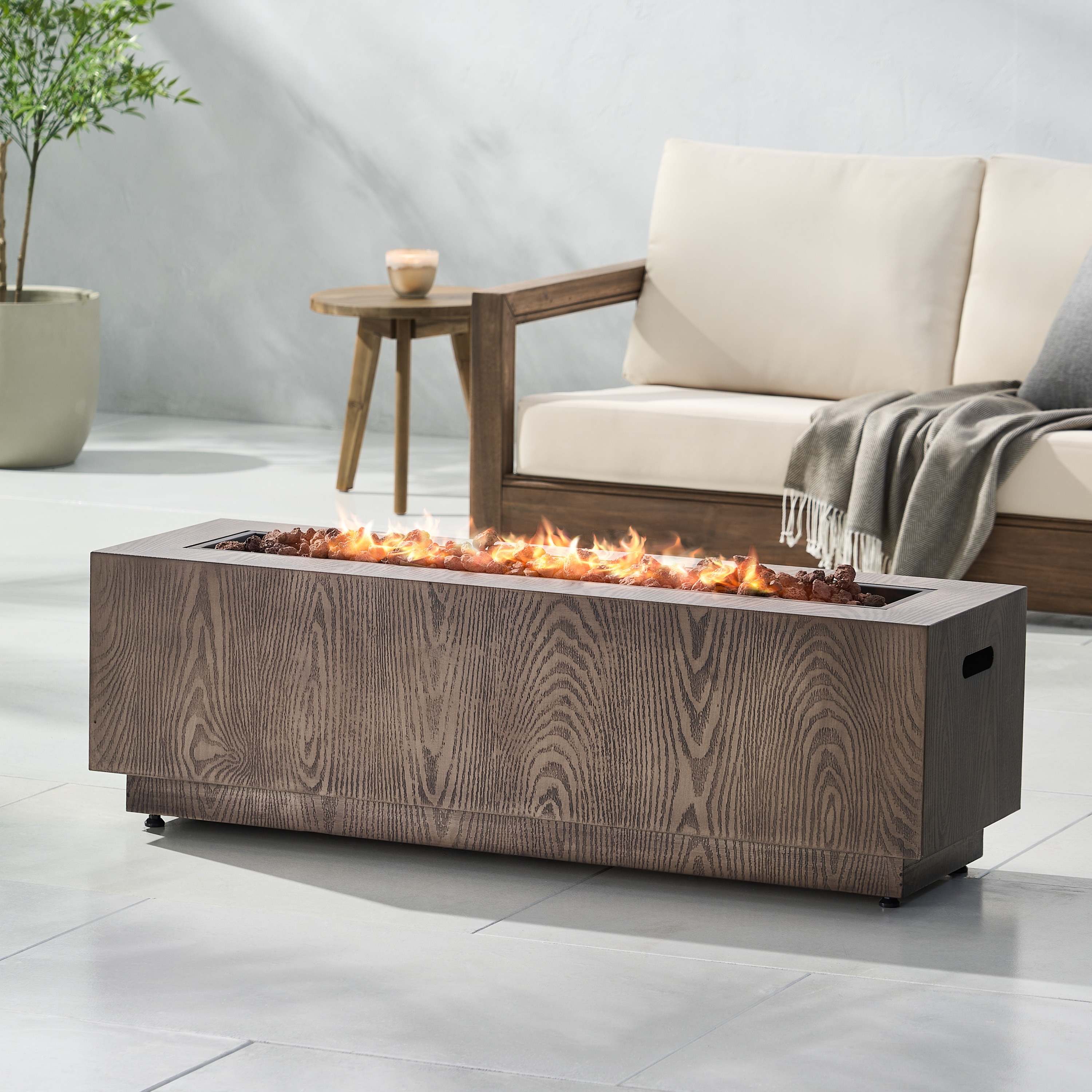 Roomfitters Rectangular Outdoor Fire Pit Table with Wood-Look Iron Design, Stylish and Durable Patio Centerpiece, Brown