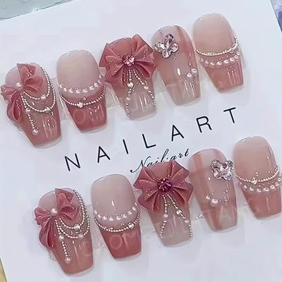 TEMU Pink Princess Gradient Bow Handcrafted Pearlescent Square Nail Forms With Red Line Accent And Middle Length - Flower Pattern Nail Art Design Image