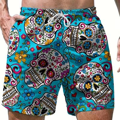 TEMU Men's Casual Floral Skull Print Swim Shorts - 100% Polyester, Lightweight Woven Fabric With Stretch, Loose Fit Geometric-pattern Beachwear Image