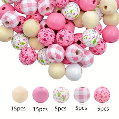 TEMU 45pcs Mother's Day Tulip Wooden Bead Set 16mm - Assorted Diy Wooden Beads For Jewelry Making And Crafts - Natural Wood Beads With Floral Patterns For Bracelets And Necklaces Image
