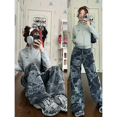 ADAgirl Chinese Style Jeans Women Y2k Vintage Baggy Dragon Print High Waist Zip Wide Leg Denim Pants Hip Hop Causal Kpop Bottoms