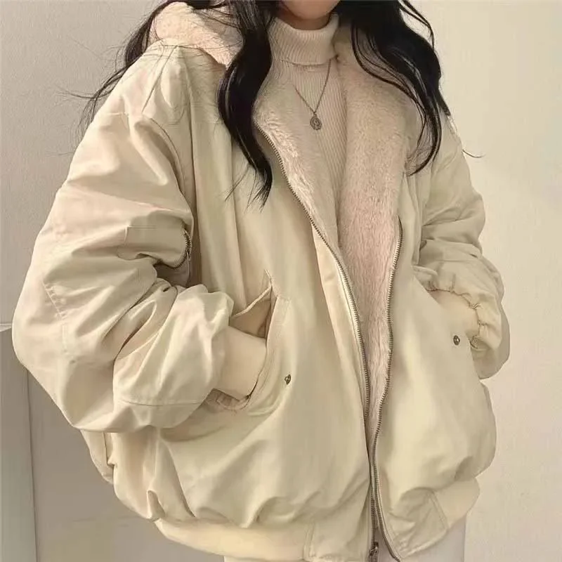 Smvp Inverno Addensare Caldo Parka Moda Donna Double Sided Cappotto in pile con cappuccio Donna Coreana Allentato Manica lunga Zip Up Giubbotti