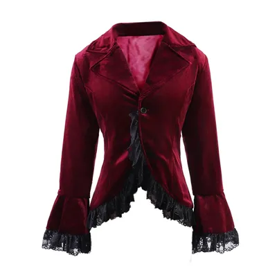 Damen Gothic Steampunk Roter Samtjacke Schwarzer Spitzenbesatz Schnürmantel Mittelalter Image