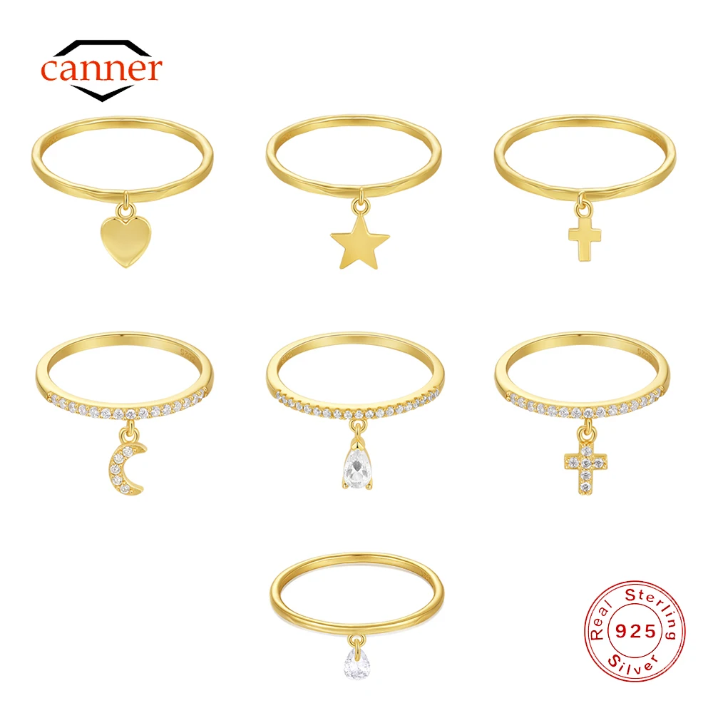 CANNER Ringe aus 925er-Sterlingsilber, schlicht, glatt, dünn, Herz-Anhänger, Ringe für Damen, Zirkon-Ringe, edler Schmuck, Hochzeit, Verlobungsgeschenk
