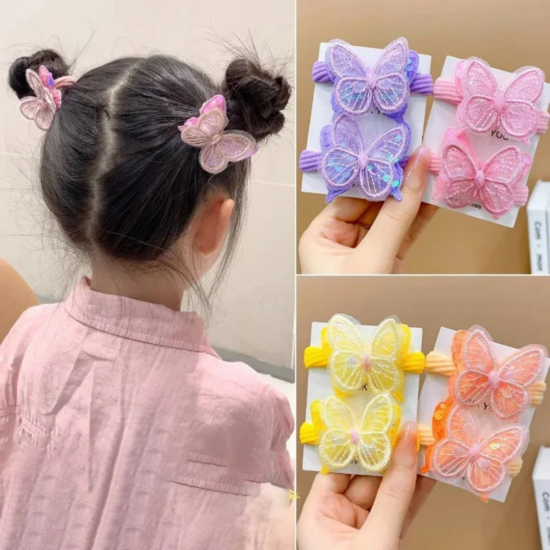2PCS Neue Pailletten Schmetterling Mädchen Binden EINEN Pferdeschwanz Kinder Elastische Haarbänder Haar Zubehör Nette Kinder Haar Krawatten baby Kopfbedeckungen Image