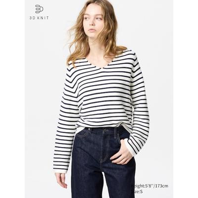 Uniqlo - 3d Knit Seamless Cotton Relaxed V Neck Jumper (stripe) - Off White - XXL