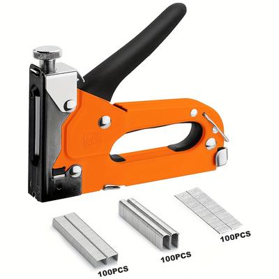 TEMU 3-in-1 Staple Kit With 300pcs , Hand Operated Carbon Steel Tool For Upholstery, Fixing Material, Decoration, Carpentry, Furniture, Orange