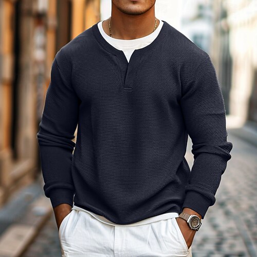 Homme Tee-shirt Gaufre Sweatshirt Pull T-shirt Chemise à Manches Longues manche longue Col ras du cou Col en V Printemps Automne Uni Mode Designer Basique Mode Faux deux pièces Vacances Rue Sortir