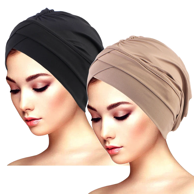 2 TEILE/LOS Klassische Plissee Turban Hut Elegante Einfarbig Kopf Wraps Kopftuch Atmungsaktive Elastische Mützen Chemo Kappe Image