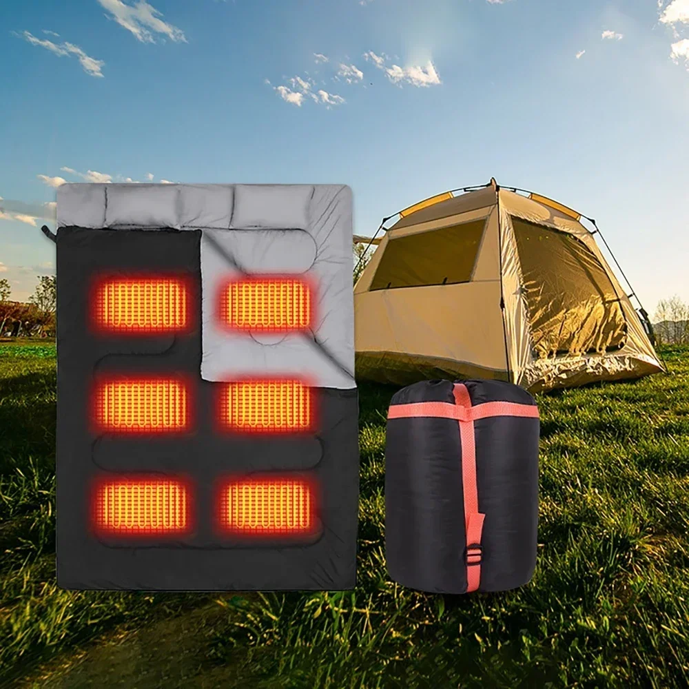 Tragbarer elektrischer Winter-Heizschlafsack für 2 Personen, 5 V, Heizkissen, Decken, USB/Typ-C-Stromschnittstelle für Camping, Hotel, Auto Image