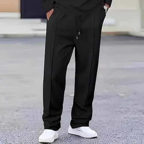 Herren Jogginghose Hose Gerade geschnittene Sweatpants Waffelhose Tasche Elastischer Bund Kordelzug Einfach Komfort Sport im Freien Täglich Mode Lässig Schwarz Weiß Mikroelastisch Image