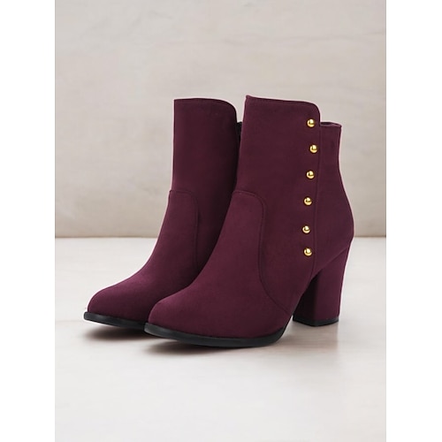 Schwarze Wildlederstiefeletten für Damen mit Kunstfellfutter und goldenen Knopfakzenten – stylische Stiefel mit Blockabsatz für den Winter Image