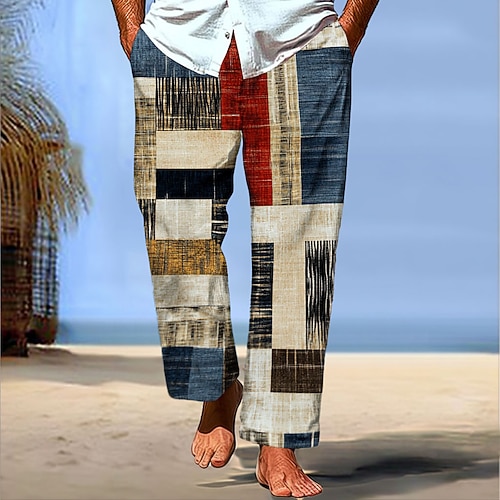 Herren Karomuster Farbblock Patchwork Hosen Hose Mittlere Taille Kordelzug Elastischer Bund Hawaiianisch Lässig Outdoor Ferien Strandbekleidung Gerade Hosen Sommer Frühling Herbst 3D-Druck Blau Image
