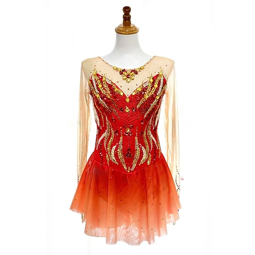 Eiskunstlaufkleid Damen Mädchen Eislaufen Kleid Rot Asymmetrischer Saum Netzstoff Hohe Elastizität Training Wettbewerb Eiskunstlaufkleidung Klassisch Kristall / Strass Langarm Eislaufen Eiskundstlauf Image