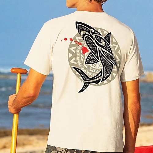 Herren Hai Maorisch T Shirt Kurzarm T-Shirt 3D-Druck Rundhalsausschnitt Hemd Tropisch Hawaiianisch Urlaub Straße Täglich Khaki Sommer Frühling Bekleidung S M L XL XXL XXXL Image
