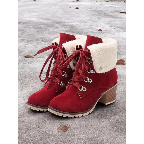 Rote Wildleder-Schnürstiefeletten für Damen mit Kunstfellkragen und Blockabsatz – warme und stylische Winterstiefel für draußen Image
