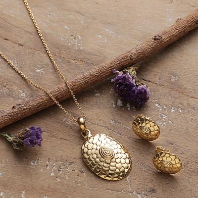 Primaveral Grandeur,'Polished Sunflower Brass Necklace and Earrings Jewelry Set'