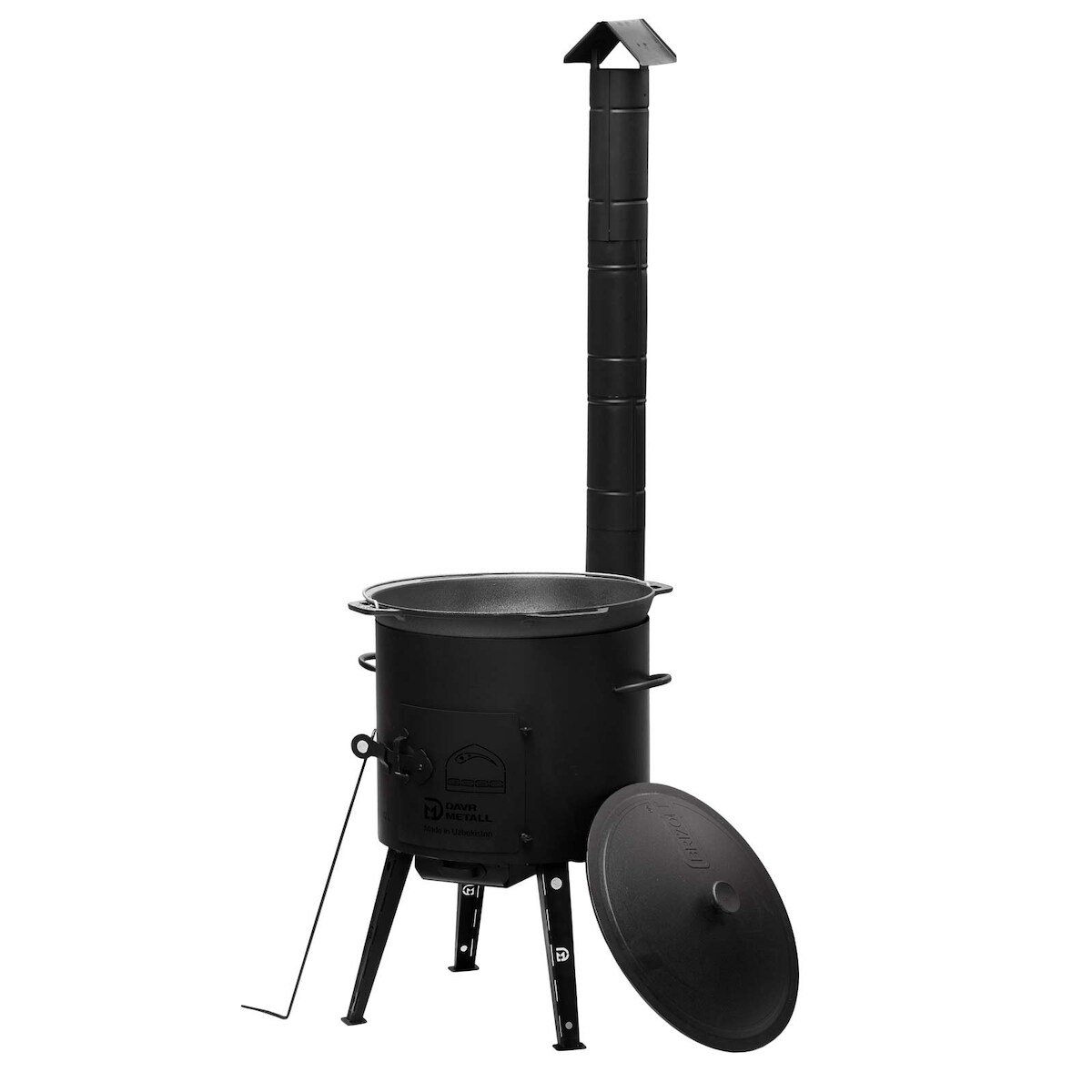 4BIG.fun Ø40 Uchag 2mm stahl Utschak mit Abzugsrohr Utschag Outdoorofen 12L Gusseisen Kazan mit Gusseisen Deckel Kasan Feuerstelle Feldküche Image