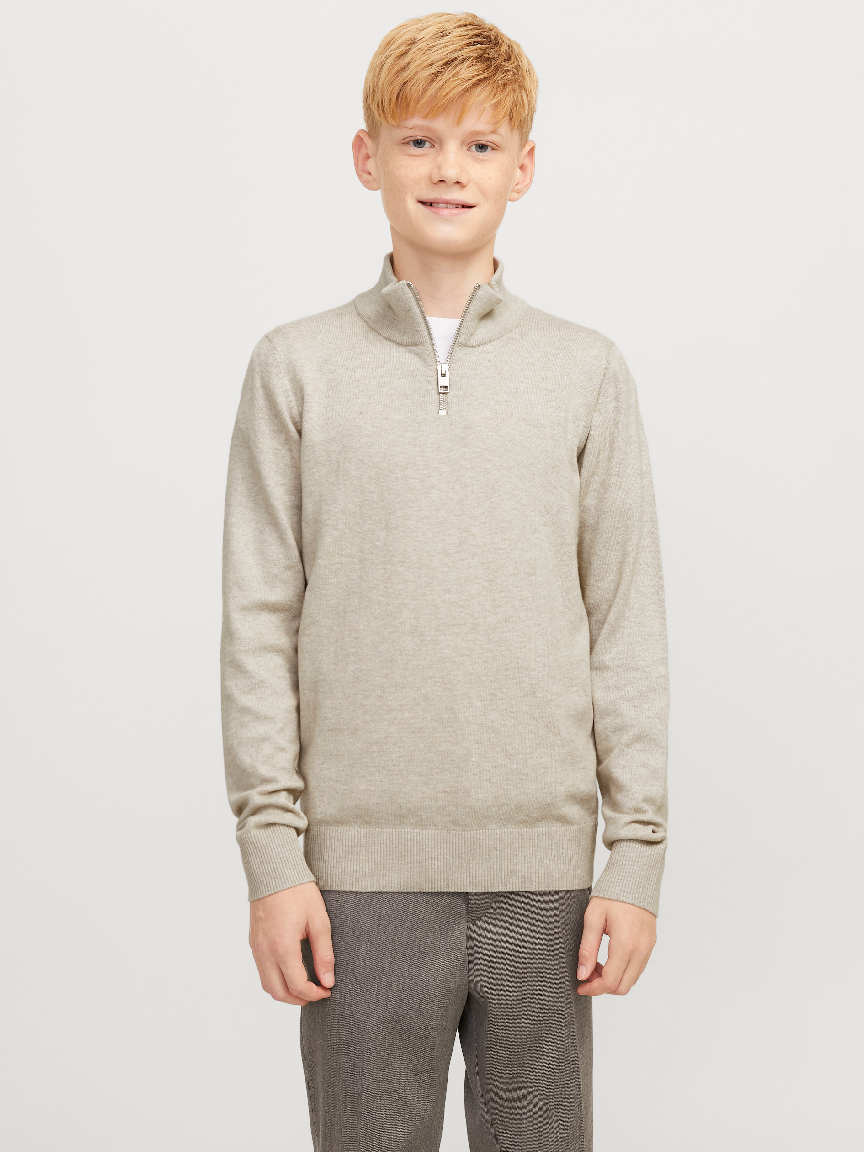 Troyer JACK & JONES JUNIOR "JJEEMIL KNIT HALF ZIP NOOS JNR", Jungen, Gr. 128, beige (oatmeal detail:melange), Strick, Obermaterial: 60% Baumwolle, 20% Nylon, 20% Viskose, meliert, regular fit, Rippbündchen, Pullover Image