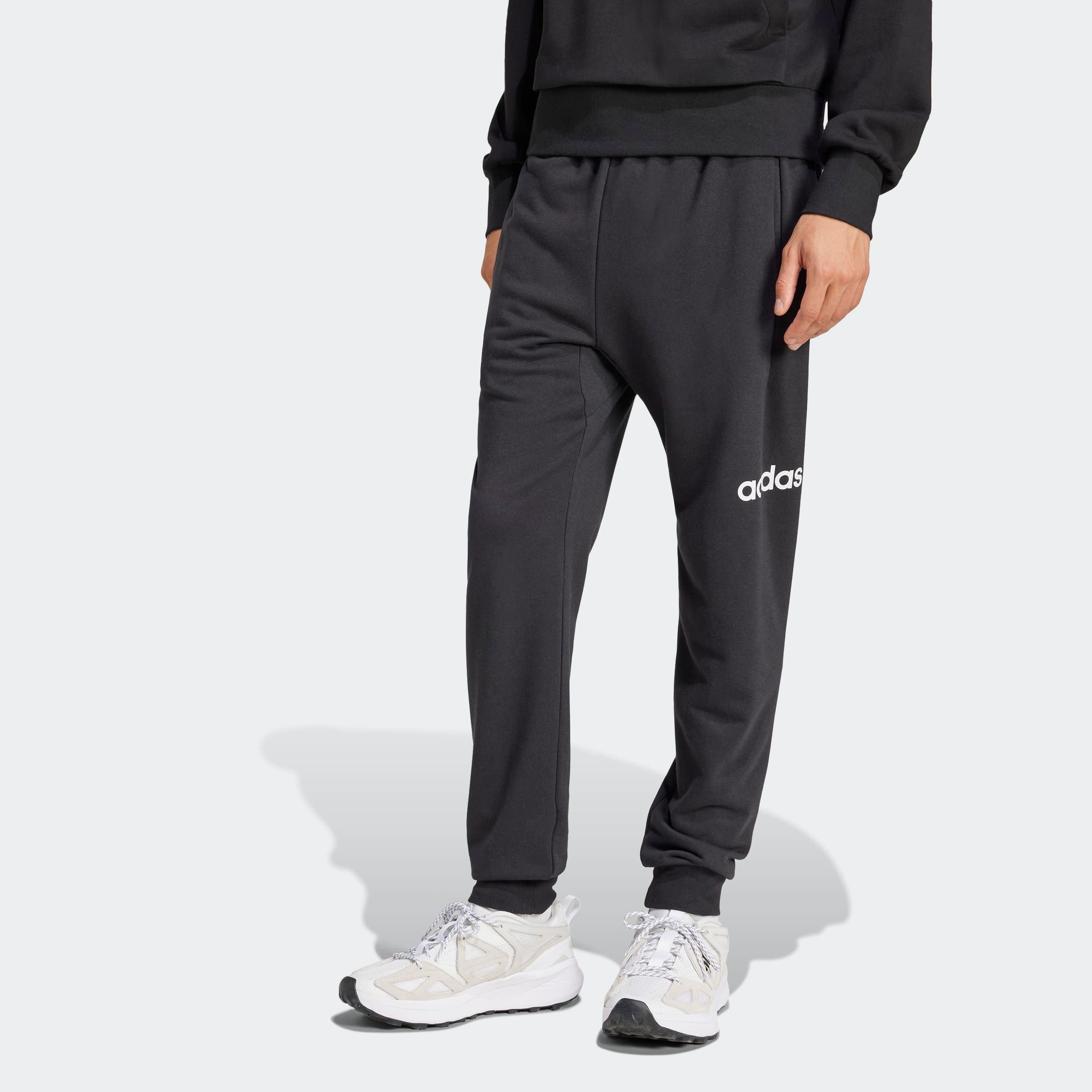 Sporthose ADIDAS SPORTSWEAR "M LIN FT PT", Herren, Gr. M, N-Gr, schwarz-weiß (schwarz, weiß), Obermaterial: 55% Baumwolle, 36% Polyester, 9% Viskose, Hosen Sporthose, aus Baumwolle, Polyester und Viskose, mit Kordelverschluss