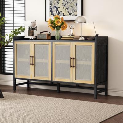 Rustic Sideboard with Decorative Rattan Doors and Adjustable Shelves