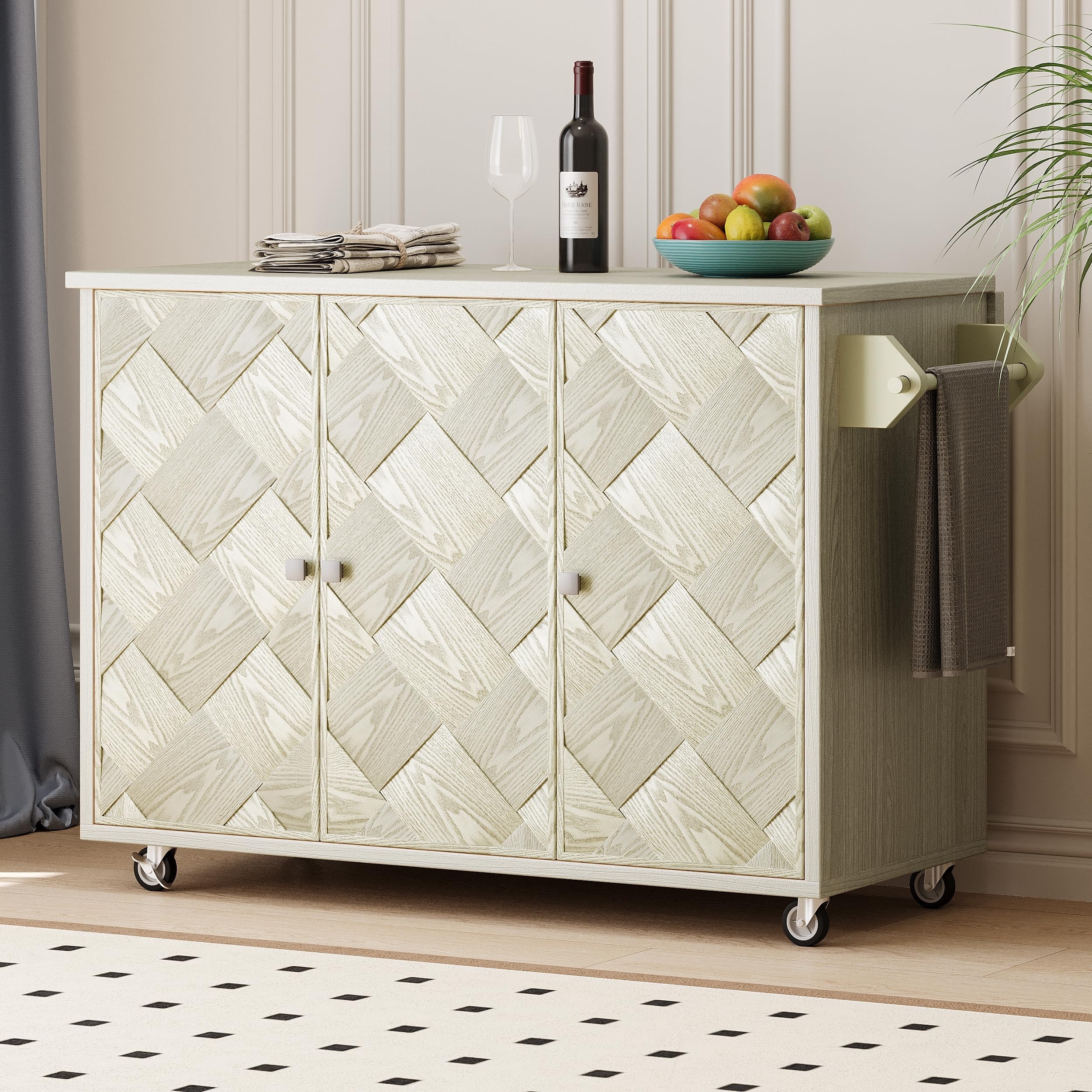 51.2"W Kitchen Island with Drop Leaf, Coastal Kitchen Island on Wheels with Internal Storage Rack, Rolling Kitchen Cart