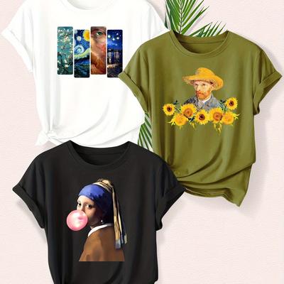 TEMU Oil Painting Character Landscape Series 3pcs Mixed Set Printed Fashionable Vintage Style Women's Summer Casual Sporty Round Neck Short Sleeve T-shirt, Multiple Colors S-xxl Image