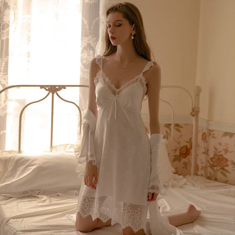 Indumenti da notte da sposa in raso Patchwork di pizzo Set di due pezzi accappatoio da donna Sexy camicia da notte Casual Rayon Home Dress Lounge Wear