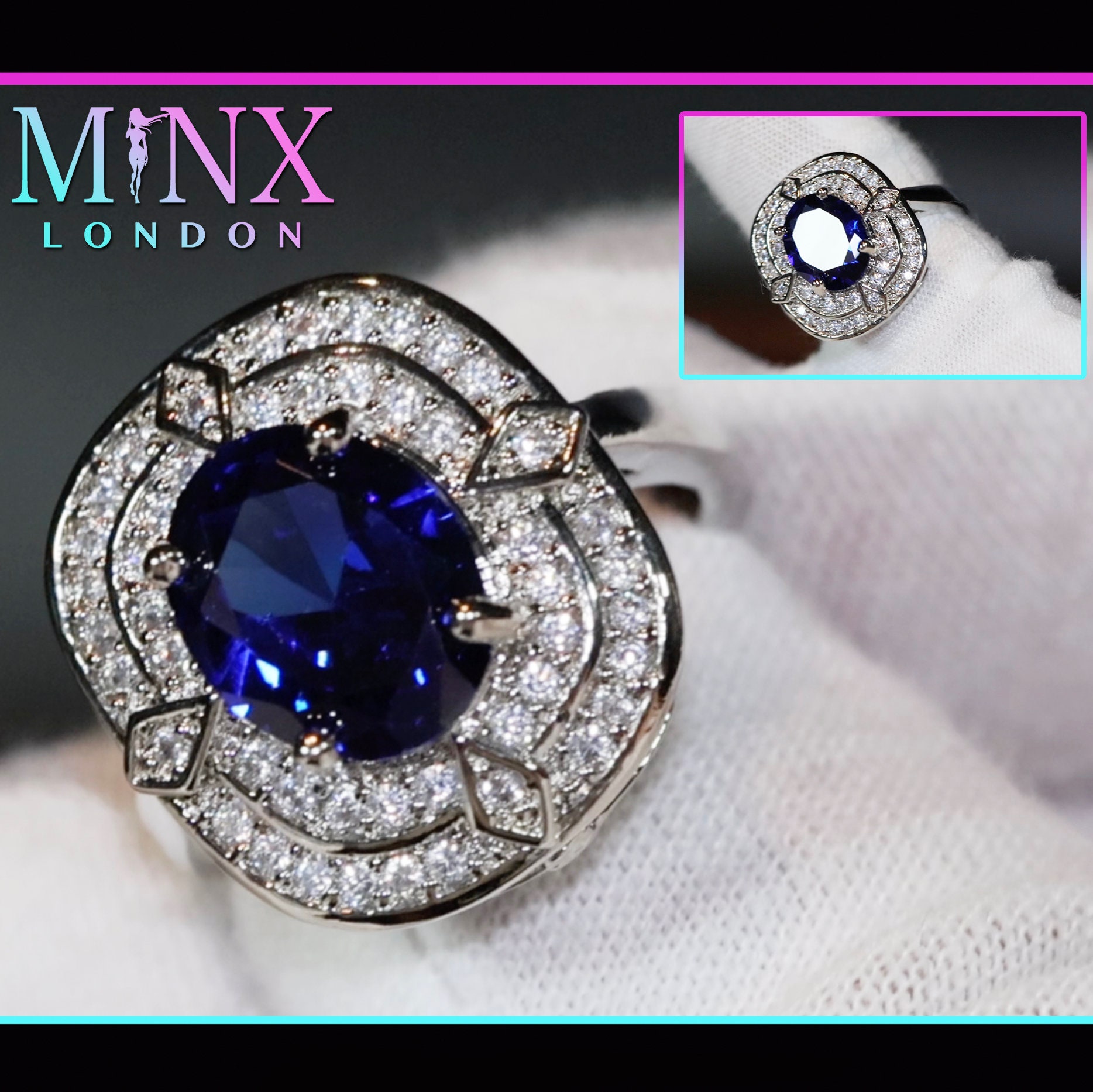 Anello con diamante blu zaffiro / Anello di fidanzamento con diamante blu / Anello blu zaffiro / Fede nuziale blu / Anello con diamante blu con alone