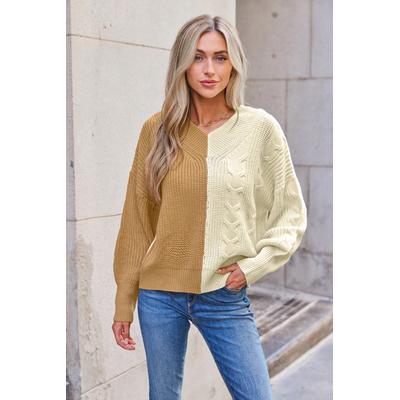 Neutral Colorblock Puff Sleeve Cable Knit Jumper