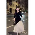 Abito autunnale da donna 2024, manica a 7 punti, abito a tunica in stile coreano, abito dal temperamento elegante francese, gonna lunga in velluto nero.