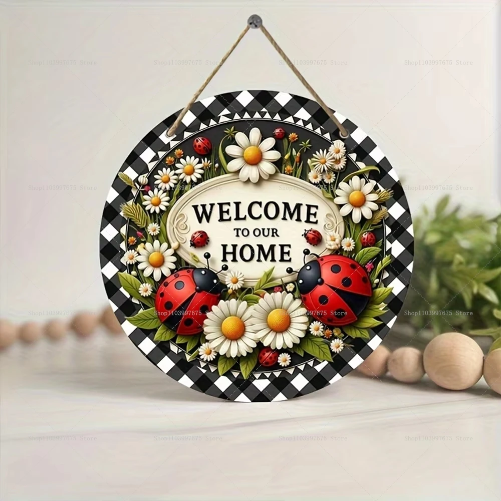 1 Stück Marienkäfer Gänseblümchen Blume Willkommen Holzschild Runde Wandbehangschild für rustikale Bauernhauspartys Indoor Outdoor Home Dekoration Image