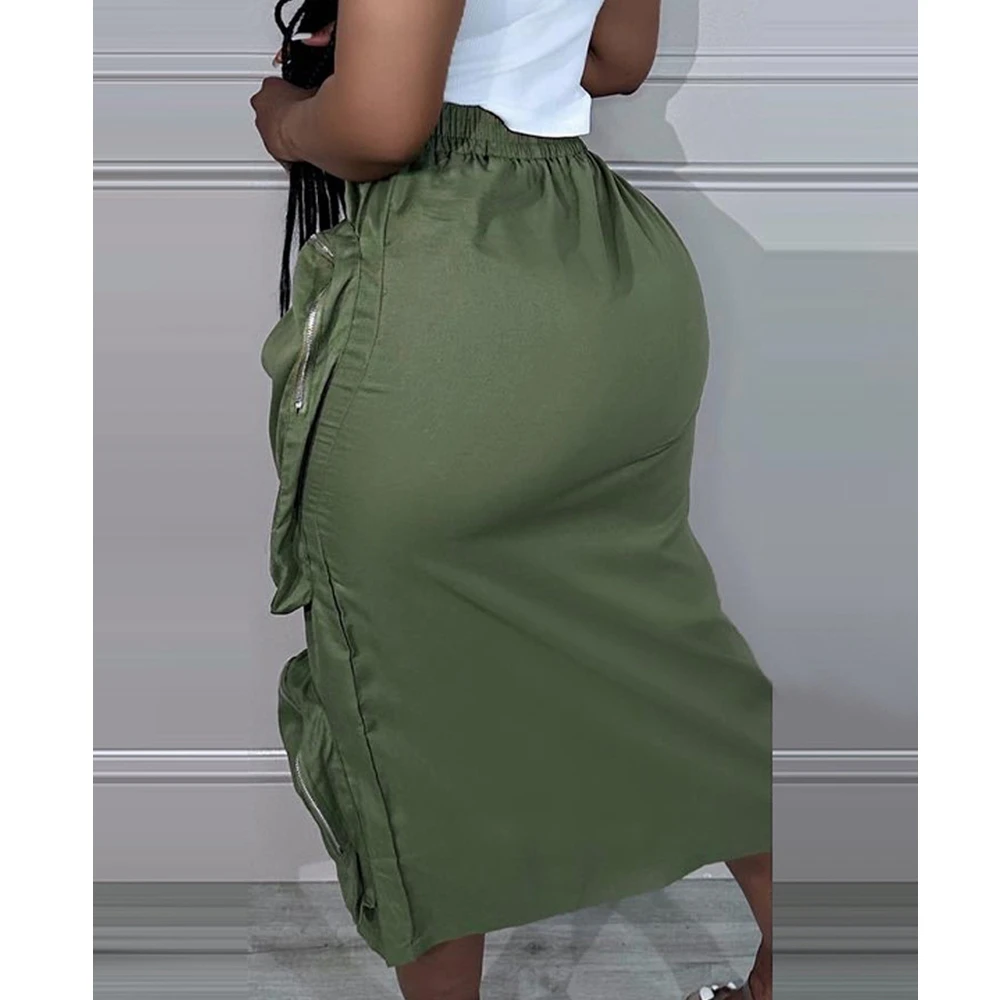 Röcke Frauen Hohe Taille Streetwear Schlitz Zipper Arbeitskleidung mit Tasche Rock Einfarbig Elastische Mantel Split Röcke Unten Image