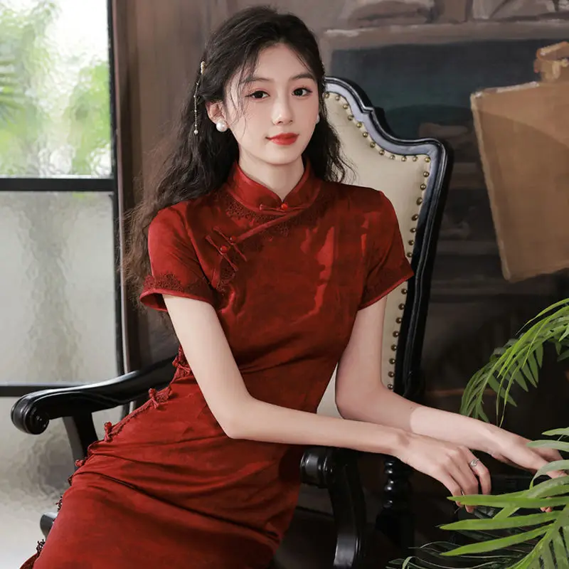 Frauen Wein rot Cheong sam hochwertige lange Kleid Kurzarm weibliche Hochzeit Kostüme Vintage Qipao s bis xxl