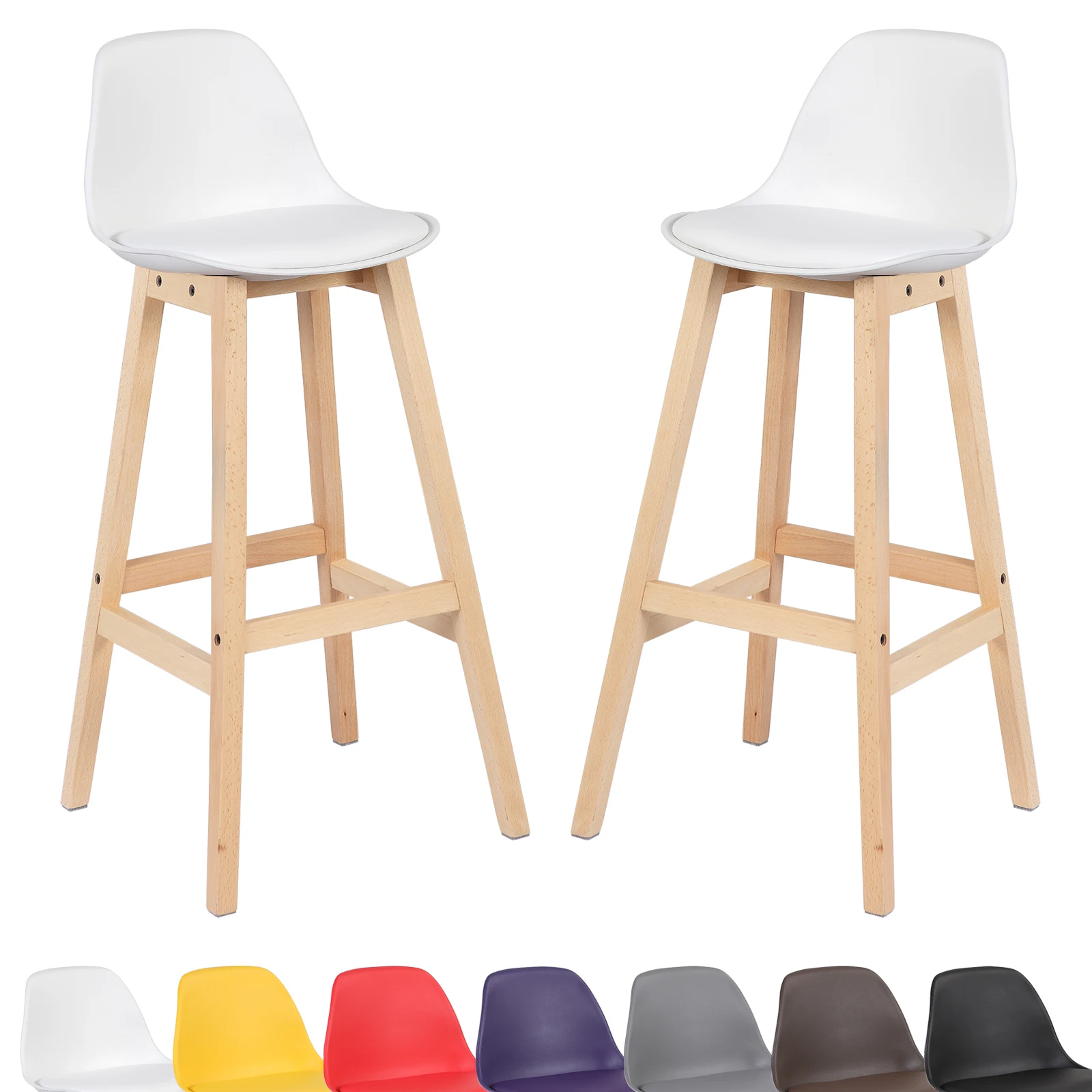 WOLTU 2 Teile/satz Barhocker Weißer Barstuhl mit Kunststoffsitz Holzbeinen Küchenhocker für Zuhause Tee Büro Esszimmer Kaffee