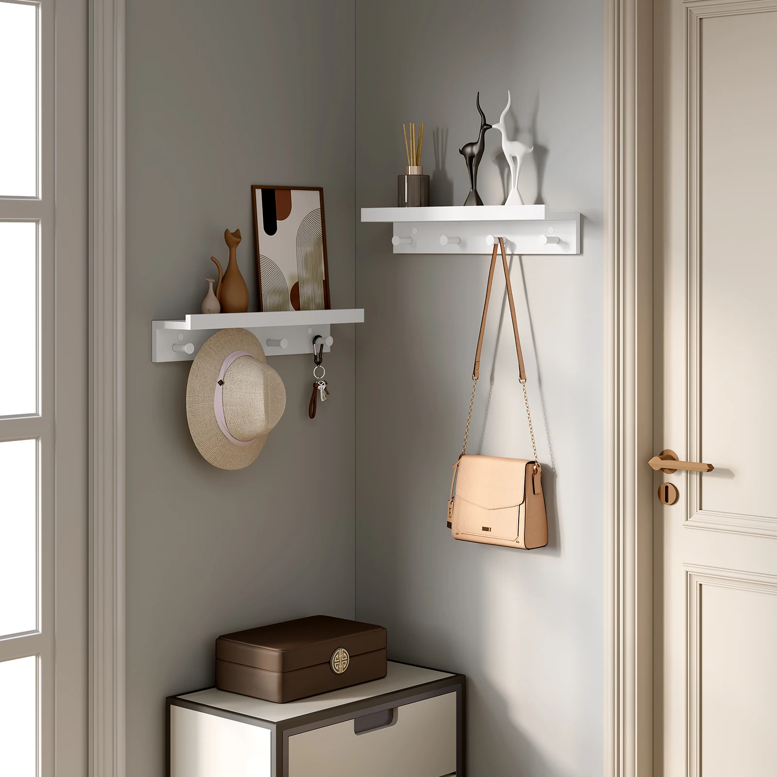 Weißes schwebendes Wandregal, Hängeregal mit Kleiderhaken, Organizer für Kinderzimmer, Zuhause, Wanddekoration, Display