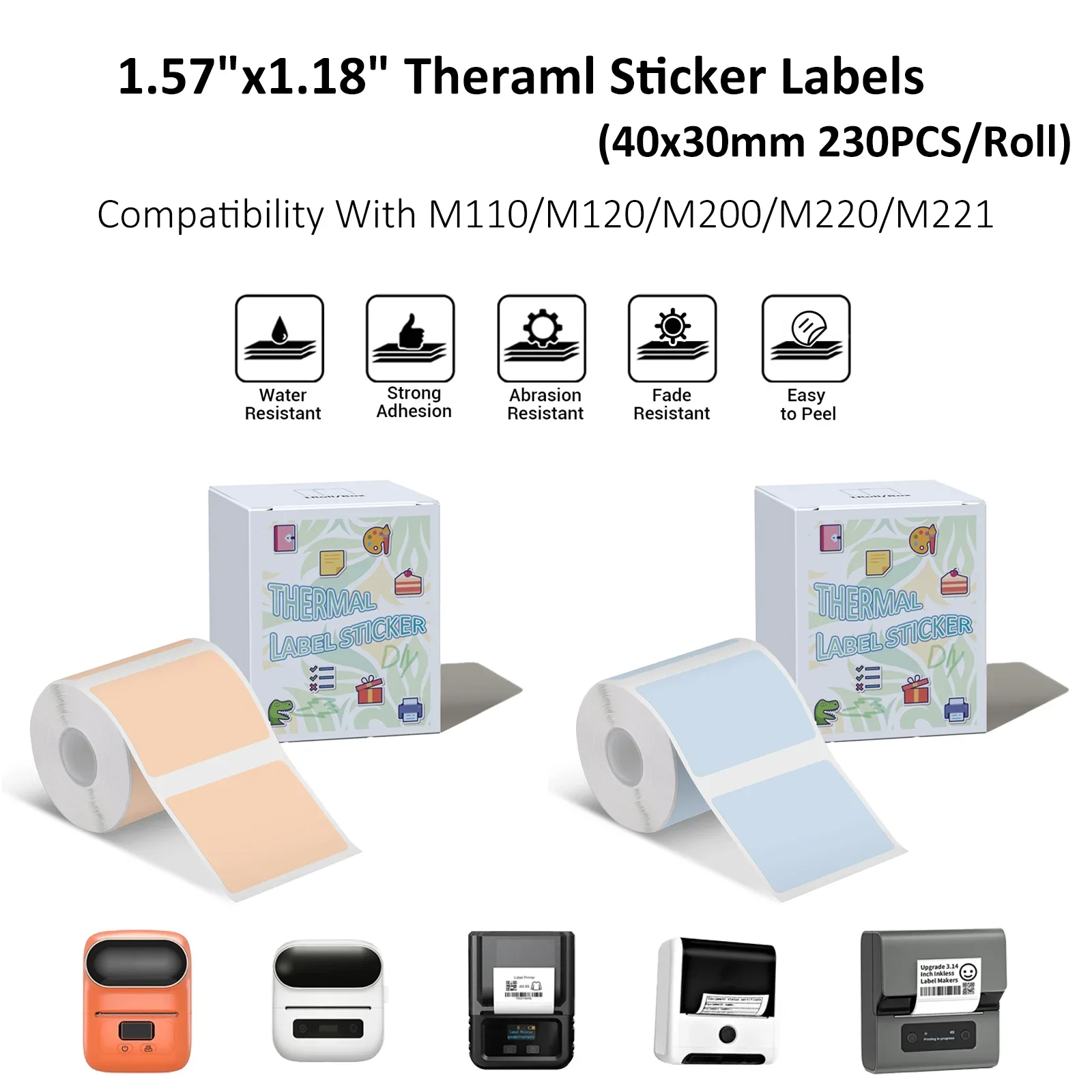 M110/M110S/M120 Aufkleberetiketten – 1,57 x 1,18 Zoll (40 x 30 mm), schwarzes Khaki- und blaues Etikett für kleine Unternehmen, Heimbüro, 230 Etiketten/Rolle Image