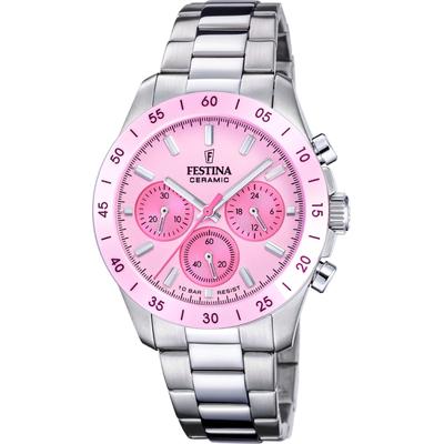 Chronograph FESTINA "Ceramic", silber (silberfarben, rosa), Armbanduhren, Damen, Quarzuhr, Armbanduhr, Damen, Herren, Edelstahlarmband, Keramiklünette Image