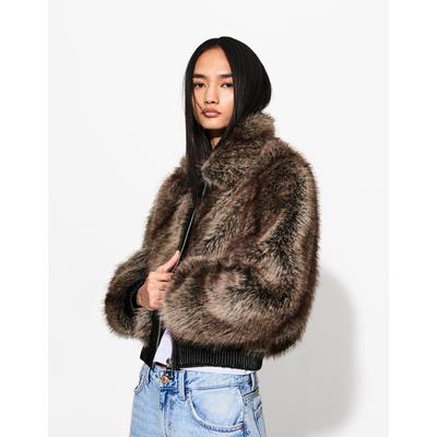 Bershka Leather Effect Contrast Faux Fur Jacket Women M Beige