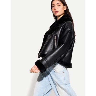 Bershka Faux Shearling Biker Jacket Women Xs Black