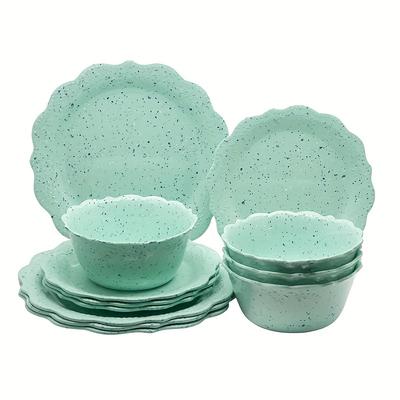 TEMU 12pcs Teal Melamine Dinnerware Set - Service For 4 - Scalloped Edges And Speckled Design - Perfect For Both Everyday Use And Special Occasions