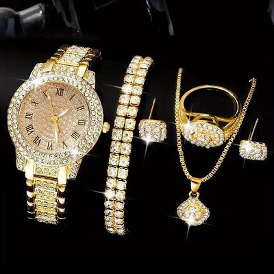 TEMU Golden Watch Women Ring Necklace Earrings Rhinestone Fashion Wristwatch Female Casual Ladies Watches Bracelet Set Clock