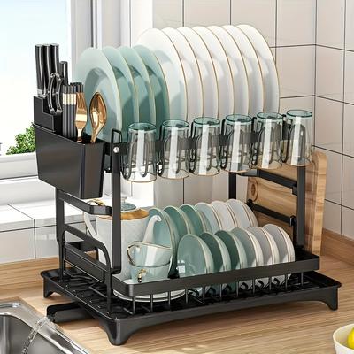 TEMU Space-saving 2-tier Carbon Steel Dish Rack With - Includes Utensil & Cup Holders, Kitchen Organization Image