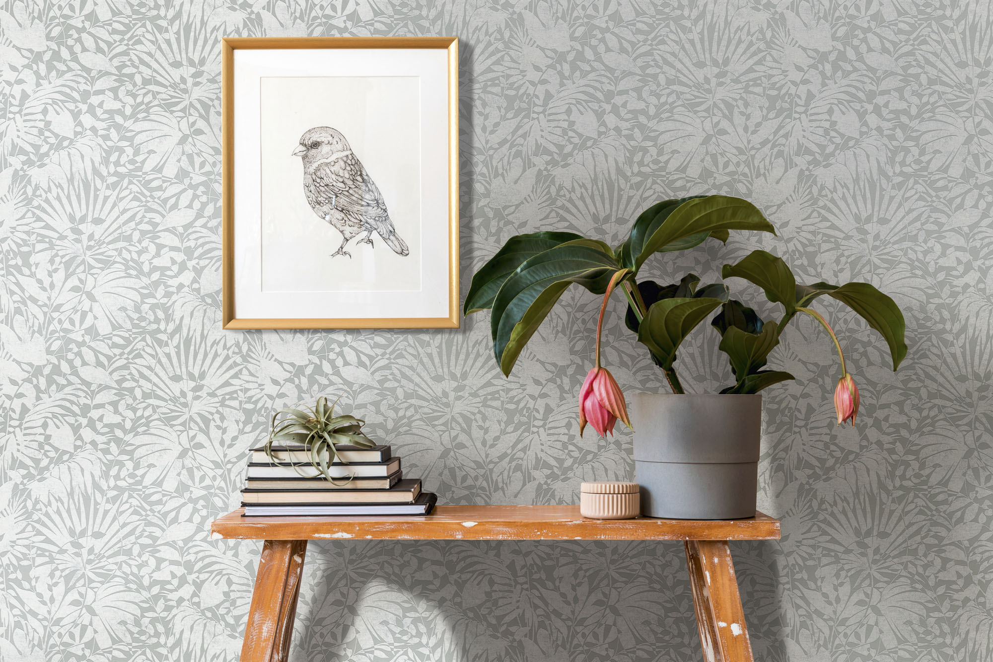 Vliestapete A.S. CRÉATION "THE BOS Floral Blätter", grau (hellgrau silberfarben weiß), B:0,53m H:0,01m L:10,05m, Vinyl, Vlies, Tapeten, Florale Tapete Tapete Floral Tapeten Wohnzimmer Schlafzimmer Küche